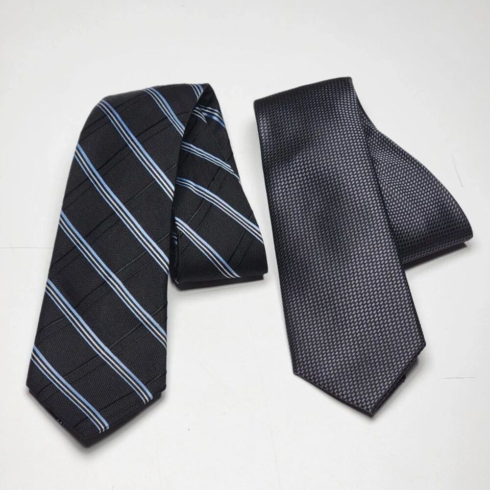 Pair Michael Kors Mens Ties Black Blue Striped Grey Textured Woven Silk Necktie